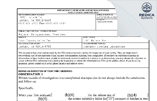 FDA 483 - GRAM Laboratories, Inc. [Irvine / United States of America] - Download PDF - Redica Systems