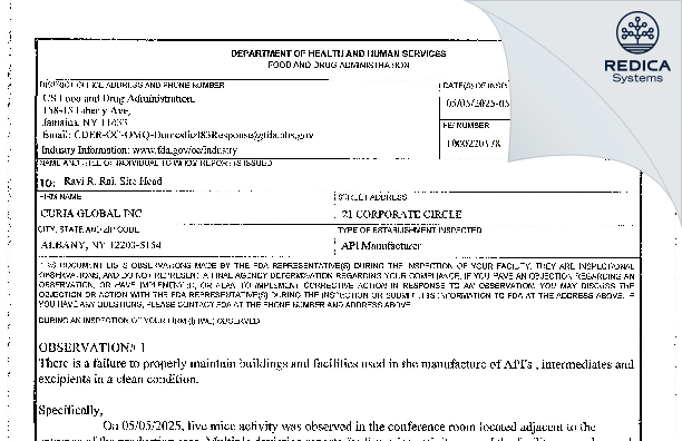 FDA 483 - Curia Global, Inc. [Albany / United States of America] - Download PDF - Redica Systems