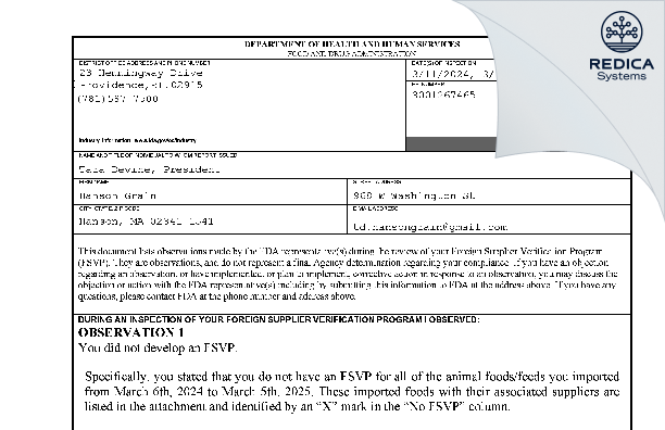FDA 483 - Hanson Grain [Hanson / United States of America] - Download PDF - Redica Systems