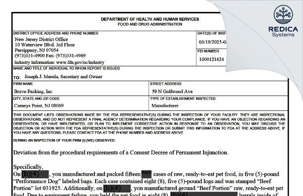 FDA 483 - Bravo Packing, Inc. [Penns Grove / United States of America] - Download PDF - Redica Systems