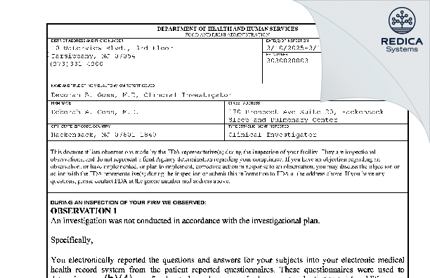 FDA 483 - Deborah A. Goss, M.D. [Hackensack / United States of America] - Download PDF - Redica Systems