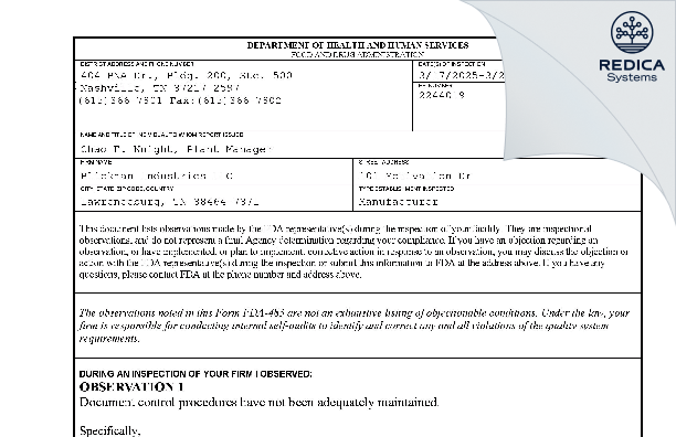 FDA 483 - Blickman Industries LLC [Clifton / United States of America] - Download PDF - Redica Systems
