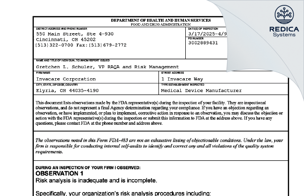 FDA 483 - Invacare Corporation [Elyria / United States of America] - Download PDF - Redica Systems