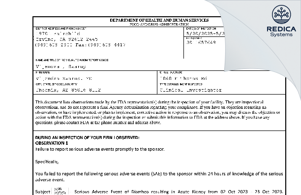 FDA 483 - Vijay Swarup MD [Phoenix / United States of America] - Download PDF - Redica Systems