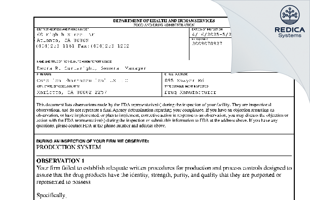 FDA 483 - Osmotica Pharmaceutical US LLC [Marietta / United States of America] - Download PDF - Redica Systems