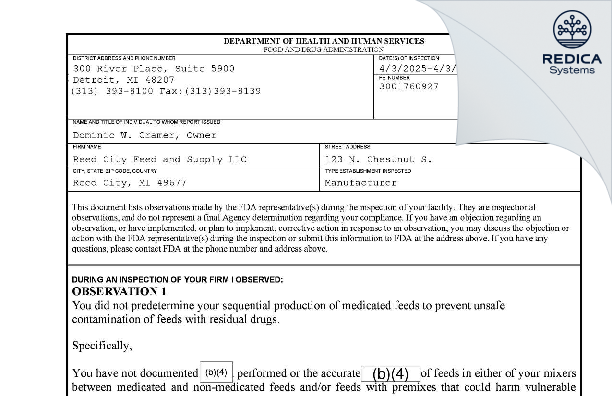 FDA 483 - Clementshaw Feeds [Reed City / United States of America] - Download PDF - Redica Systems