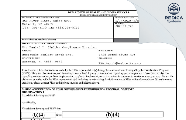 FDA 483 - Herbrucks Poultry Ranch Inc. [Saranac / United States of America] - Download PDF - Redica Systems
