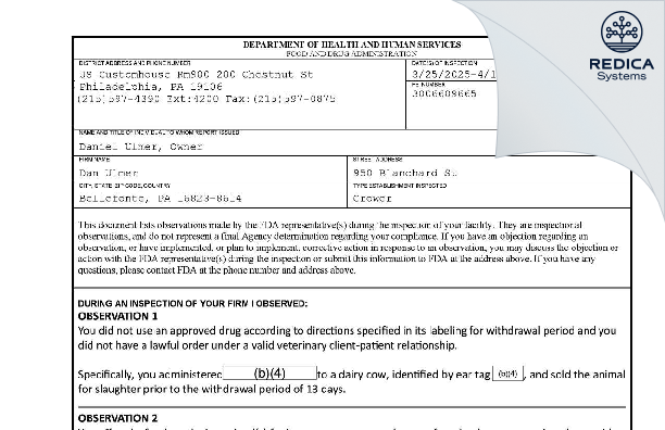 FDA 483 - Dan Ulmer [Bellefonte / United States of America] - Download PDF - Redica Systems