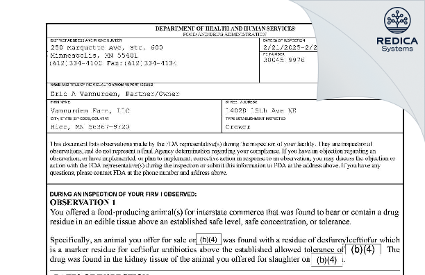 FDA 483 - Vannurden Farm [Rice / United States of America] - Download PDF - Redica Systems