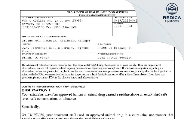 FDA 483 - Pinneo Feedlot LLC [Brush / United States of America] - Download PDF - Redica Systems