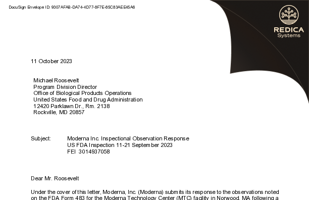 FDA 483 Response - ModernaTX, Inc. [Norwood / United States of America] - Download PDF - Redica Systems