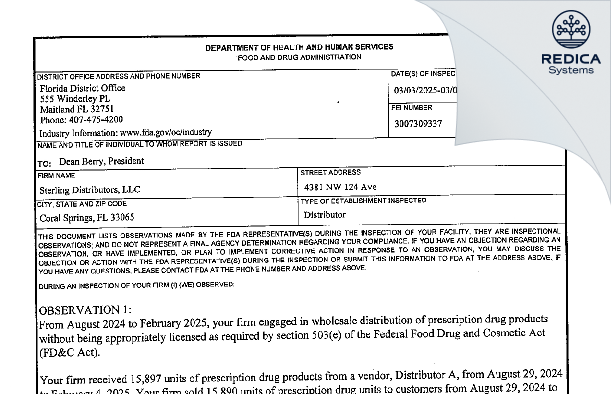 FDA 483 - Sterling Distributors [Coral Springs / United States of America] - Download PDF - Redica Systems