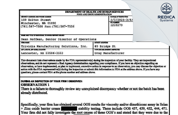 FDA 483 - Trividia Manufacturing Solutions [Lancaster / United States of America] - Download PDF - Redica Systems