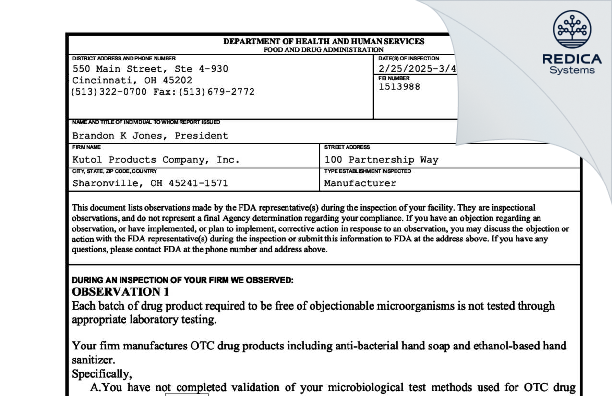 FDA 483 - KUTOL PRODUCTS COMPANY [Cincinnati / United States of America] - Download PDF - Redica Systems