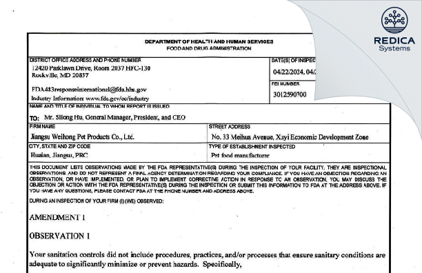 FDA 483 - JIANGSU WEIHONG PET PRODUCTS CO [Huai'an / China] - Download PDF - Redica Systems