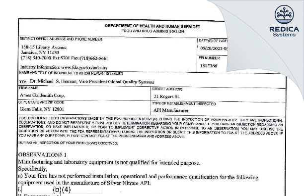 FDA 483 - Ames Goldsmith Corp [Glens Falls / United States of America] - Download PDF - Redica Systems