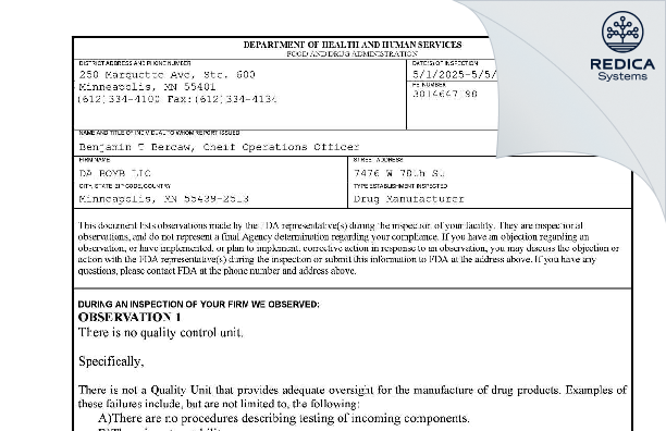 FDA 483 - Da Bomb LLC [Minneapolis / United States of America] - Download PDF - Redica Systems