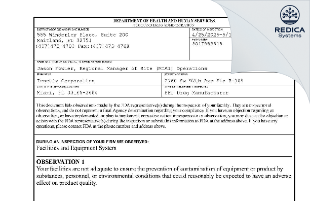 FDA 483 - Ionetix Corporation [Miami / United States of America] - Download PDF - Redica Systems