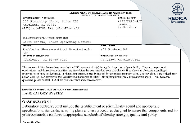 FDA 483 - Rockledge Pharmaceutical Manufacturing, LLC [Rockledge / United States of America] - Download PDF - Redica Systems