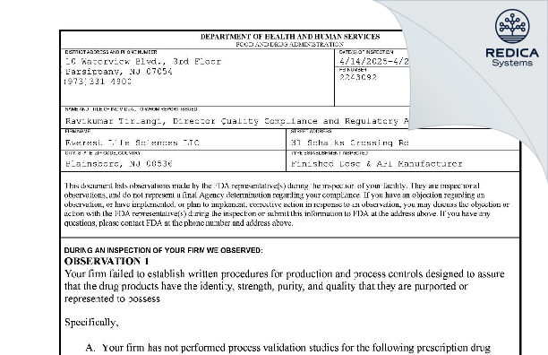 FDA 483 - Everest Life Sciences LLC [Plainsboro / United States of America] - Download PDF - Redica Systems