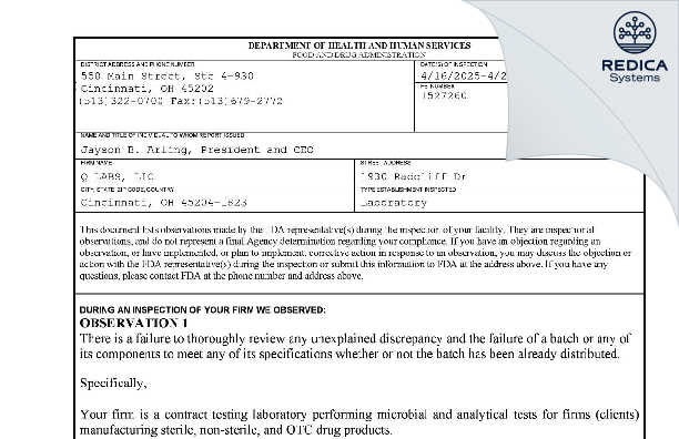 FDA 483 - Q Labs, LLC [Cincinnati / United States of America] - Download PDF - Redica Systems
