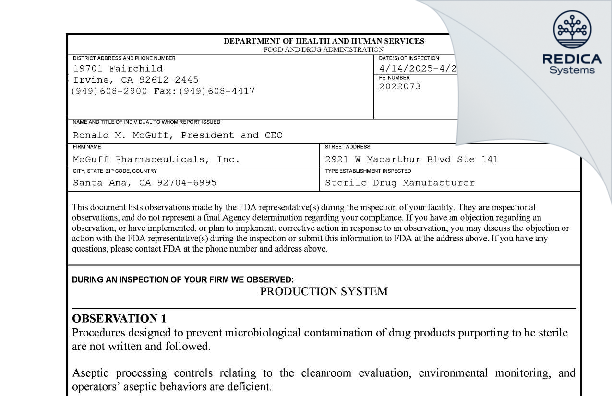 FDA 483 - McGuff Pharmaceuticals, Inc. [Santa Ana / United States of America] - Download PDF - Redica Systems