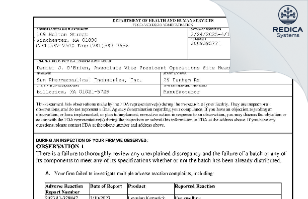 FDA 483 - Sun Pharmaceutical Industries, Inc. [Billerica / United States of America] - Download PDF - Redica Systems