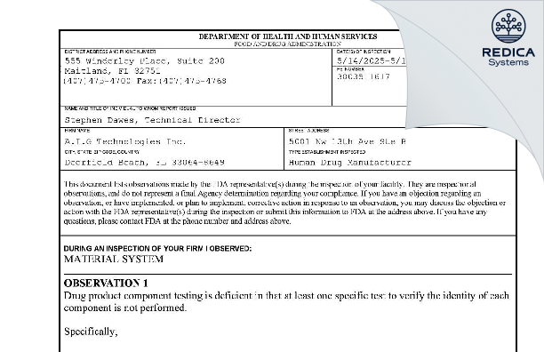 FDA 483 - A.I.G. TECHNOLOGIES, INC. [Deerfield Beach / United States of America] - Download PDF - Redica Systems