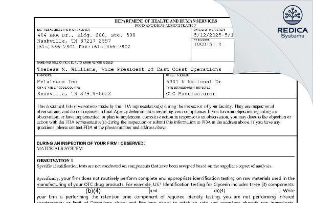 FDA 483 - Melaleuca Inc [Knoxville / United States of America] - Download PDF - Redica Systems