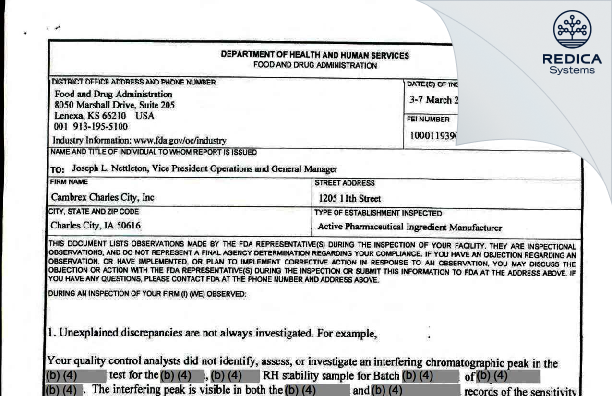 FDA 483 - Cambrex Charles City, Inc. [Charles City / United States of America] - Download PDF - Redica Systems