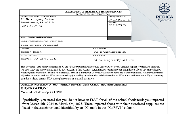 FDA 483 - Hanson Grain [Hanson / United States of America] - Download PDF - Redica Systems