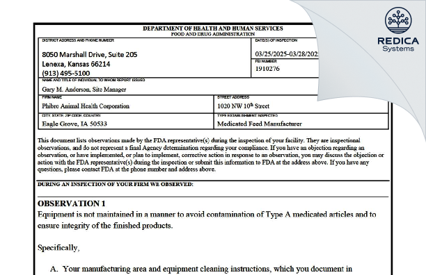 FDA 483 - Zoetis LLC [Eagle Grove / United States of America] - Download PDF - Redica Systems