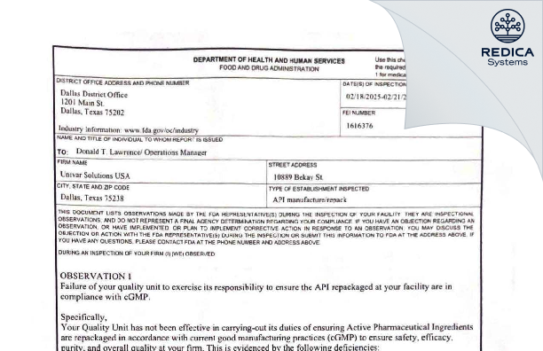 FDA 483 - Univar Solutions USA Inc. [Dallas / United States of America] - Download PDF - Redica Systems