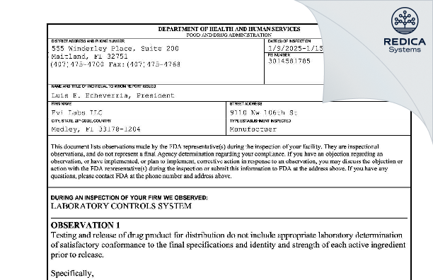 FDA 483 - Evi Labs [Medley / United States of America] - Download PDF - Redica Systems