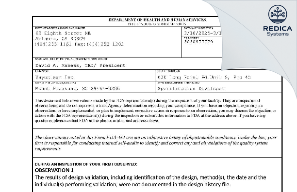 FDA 483 - VAYUCLEAR INC [Mount Pleasant / United States of America] - Download PDF - Redica Systems
