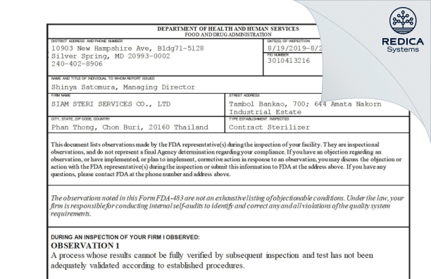 FDA 483 - SIAM STERI SERVICES CO., LTD [Phan Thong / Thailand] - Download PDF - Redica Systems