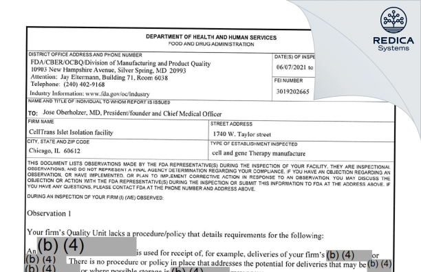FDA 483 - CellTrans Inc. [Chicago / United States of America] - Download PDF - Redica Systems