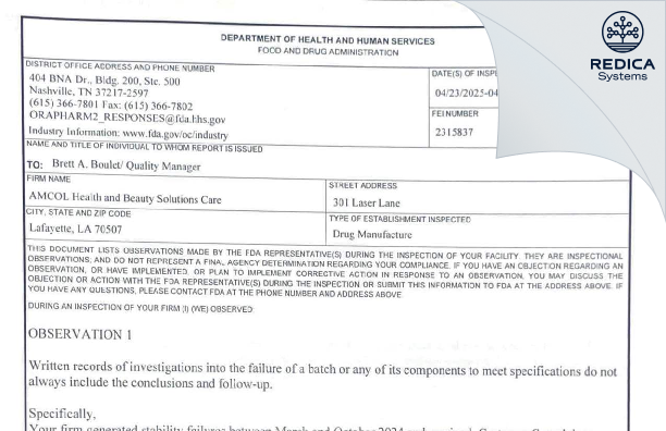 FDA 483 - AMCOL Health & Beauty Solutions, Inc DBA AMCOL Household and Personal Care [Lafayette / United States of America] - Download PDF - Redica Systems