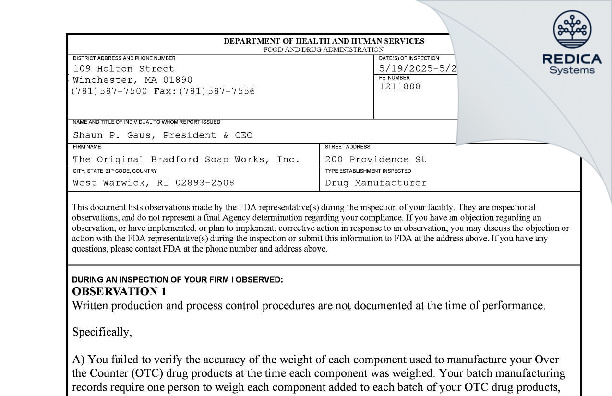 FDA 483 - The Original Bradford Soap Works Inc [West Warwick / United States of America] - Download PDF - Redica Systems