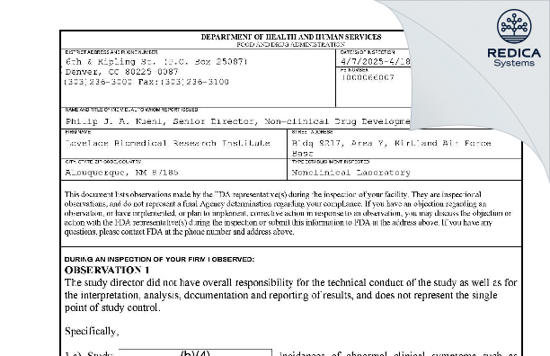 FDA 483 - Lovelace Biomedical Research Institute [Kirtland Afb / United States of America] - Download PDF - Redica Systems
