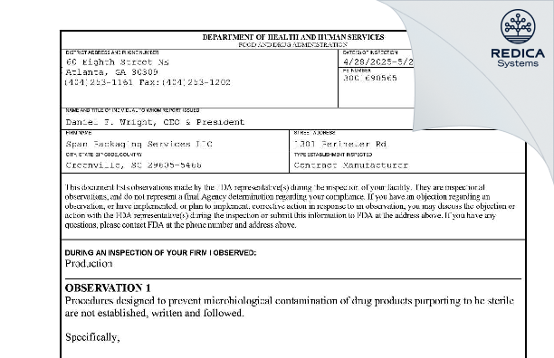 FDA 483 - Span Packaging Services LLC dba Multi-Pack Solutions [Greenville / United States of America] - Download PDF - Redica Systems