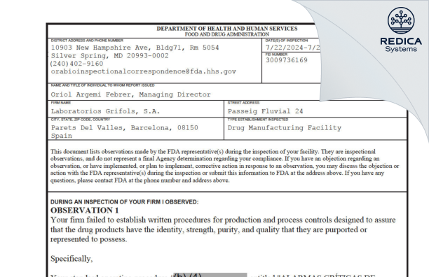 FDA 483 - Laboratorios Grifols, S.A. [Parets Del Vallès / Spain] - Download PDF - Redica Systems
