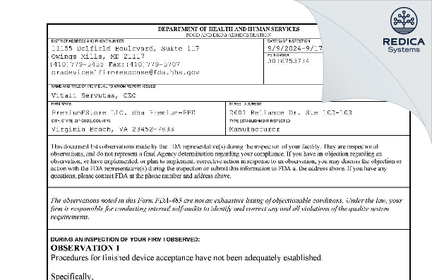 FDA 483 - PremiumEStore LLC, d.b.a. Premium-PPE [Virginia Beach / United States of America] - Download PDF - Redica Systems