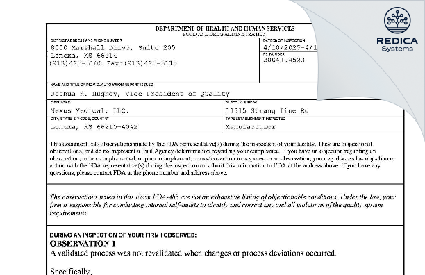 FDA 483 - Nexus Medical LLC [Lenexa / United States of America] - Download PDF - Redica Systems