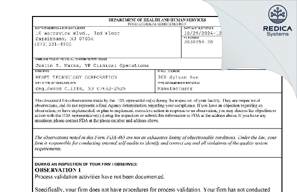FDA 483 - RESET TECHNOLOGY CORPORATION [Englewood Cliffs / United States of America] - Download PDF - Redica Systems