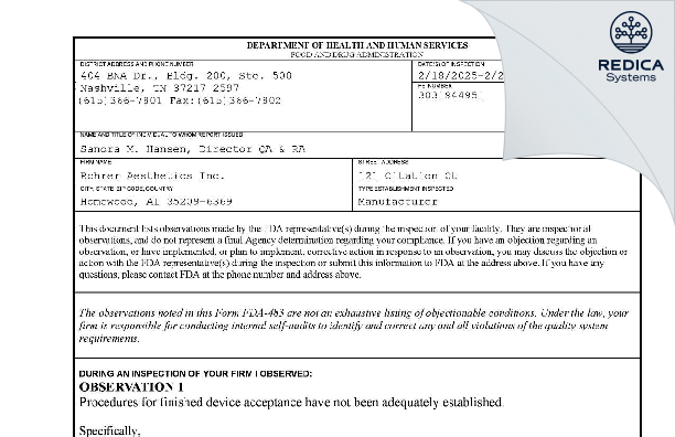 FDA 483 - ROHRER AESTHETICS, INC. [Birmingham / United States of America] - Download PDF - Redica Systems