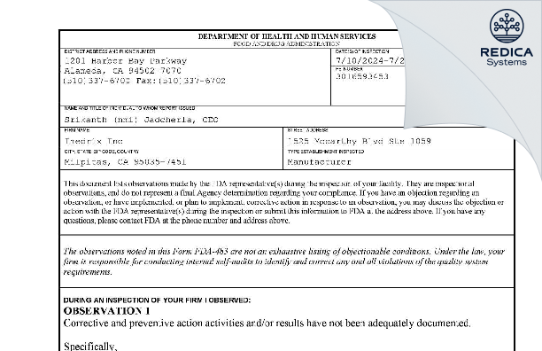 FDA 483 - Imedrix Inc [Milpitas / United States of America] - Download PDF - Redica Systems