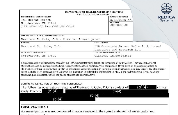 FDA 483 - Bertrand P. Cole, D.O. [Portsmouth / United States of America] - Download PDF - Redica Systems