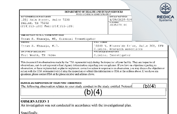 FDA 483 - Imran S. Khawaja, M.D. [Fort Worth / United States of America] - Download PDF - Redica Systems