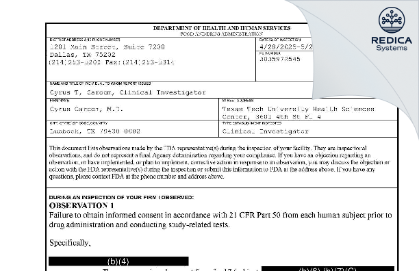FDA 483 - Cyrus Caroom, M.D. [Lubbock / United States of America] - Download PDF - Redica Systems